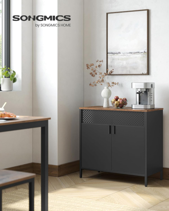 SONGMICS Dulap de depozitare 80x40x76 cm, negru si maro rustic, stil industrial, otel si PAL, cu 2 usi, 1 sertar si panou perforat [9]