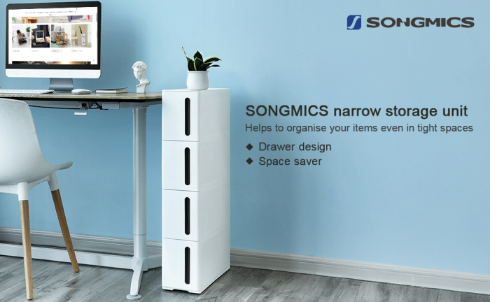 SONGMICS Dulap de depozitare pe roti, pentru bucatarie sau baie, din plastic, cu 4 nivele, 45x17x84cm, alb [10]