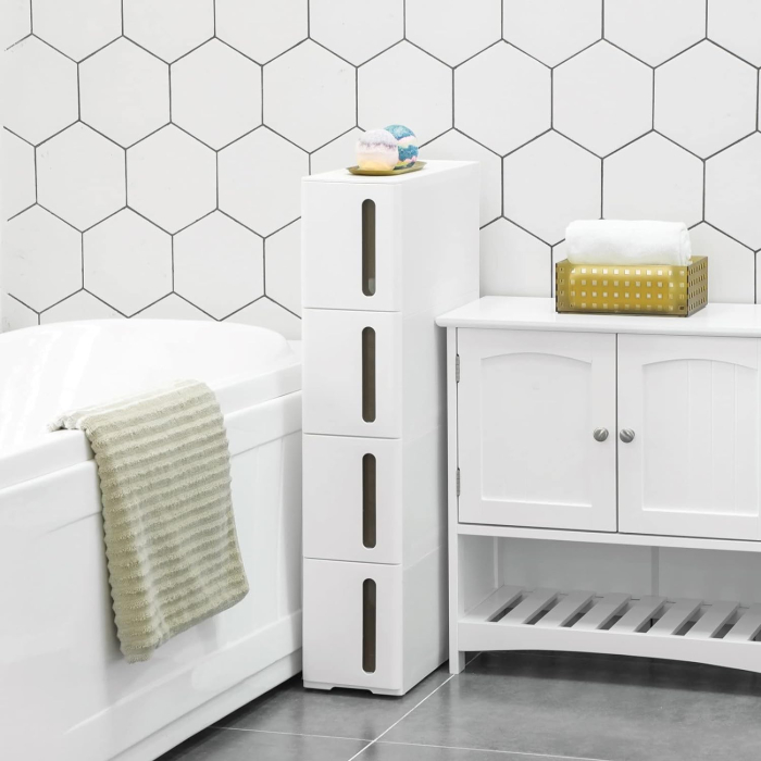 SONGMICS Dulap de depozitare pe roti, pentru bucatarie sau baie, din plastic, cu 4 nivele, 45x17x84cm, alb [2]