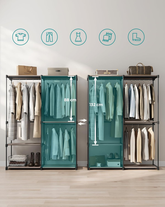 Dulap de haine portabil, cu 3 bare de agatat si rafturi, 138x43x182 cm, maro taupe [6]