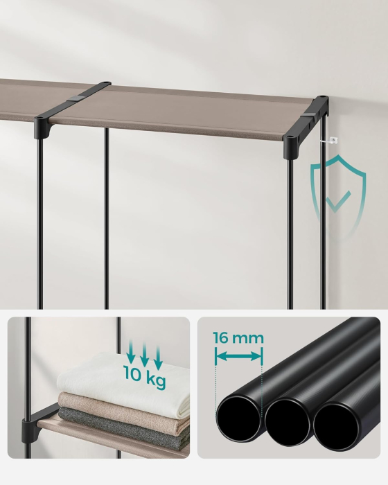 Dulap de haine portabil, cu 3 bare de agatat si rafturi, 138x43x182 cm, maro taupe [5]