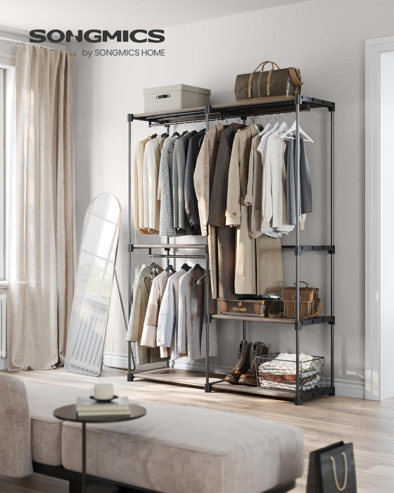 Dulap de haine portabil, cu 3 bare de agatat si rafturi, 138x43x182 cm, maro taupe [7]