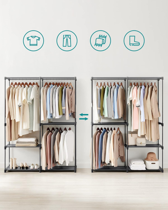 SONGMICS Dulap de haine portabil, cu 3 bare de agatat si rafturi, 138x43x182 cm, negru [3]