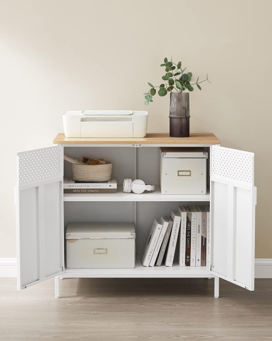 Dulap depozitare metalic cu 2 usi, raft reglabil, cadru otel, stil industrial, 80x40x76 cm, alb si bej [7]