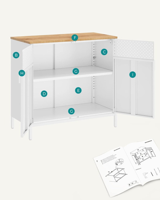 Dulap depozitare metalic cu 2 usi, raft reglabil, cadru otel, stil industrial, 80x40x76 cm, alb si bej [5]
