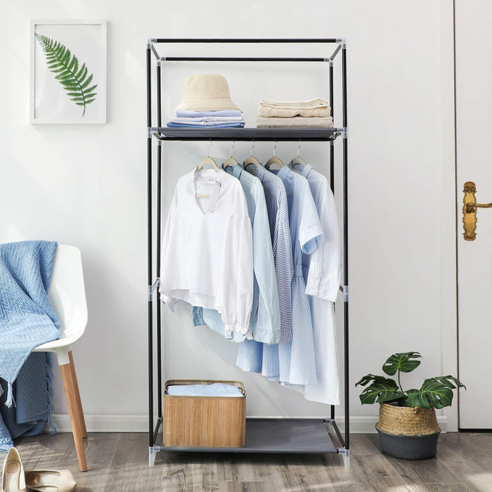 Dulap garderoba textil cu bara pentru haine si rafturi, organizator pentru dormitor sau dressing, 75x45x160 cm, gri [5]