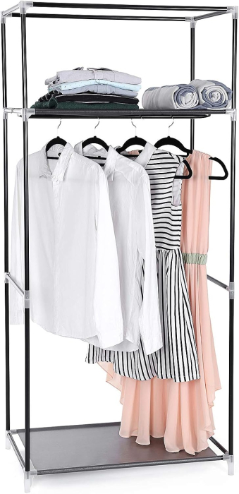 Dulap garderoba textil cu bara pentru haine si rafturi, organizator pentru dormitor sau dressing, 75x45x160 cm, gri [9]