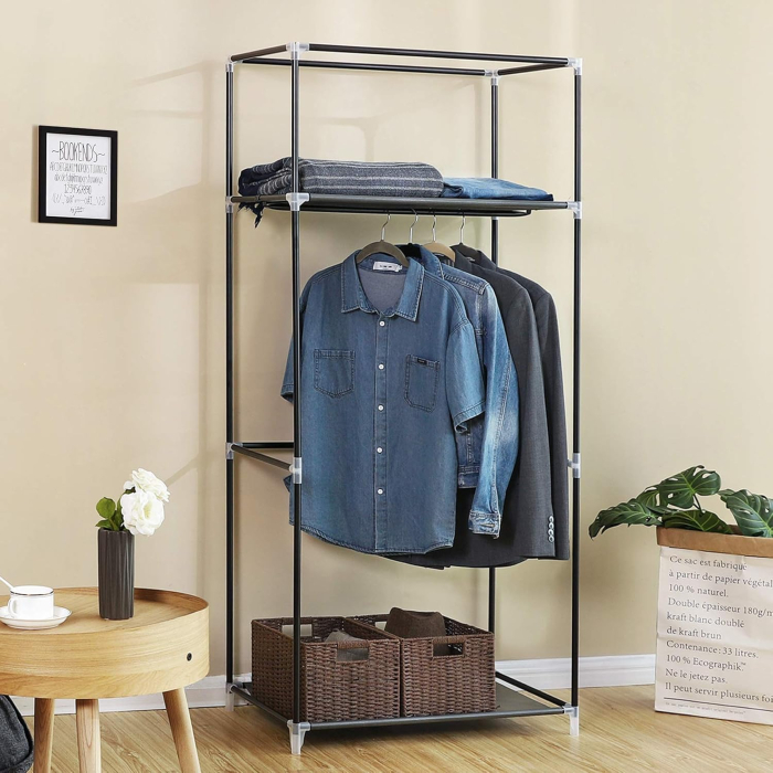 Dulap garderoba textil cu bara pentru haine si rafturi, organizator pentru dormitor sau dressing, 75x45x160 cm, gri [4]