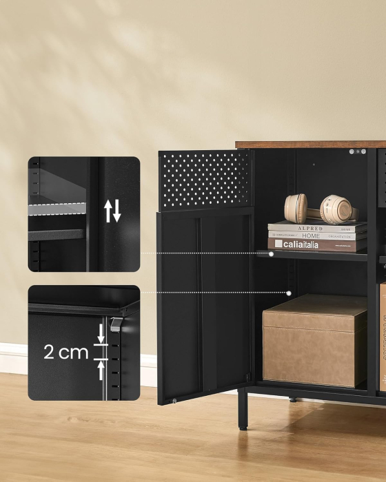 Dulap metalic cu 2 usi si polite reglabile, otel si PAL, stil industrial, 40x110x76 cm, maro rustic [4]