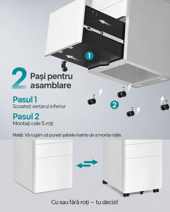Dulap mobil de birou cu 3 sertare metalice pentru documente si dosare, incuietoare pentru blocarea sertarelor, roti cu frana pentru mobilitat [7]