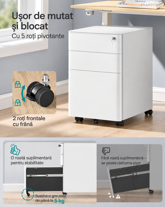 Dulap mobil de birou cu 3 sertare metalice pentru documente si dosare, incuietoare pentru blocarea sertarelor, roti cu frana pentru mobilitat [5]