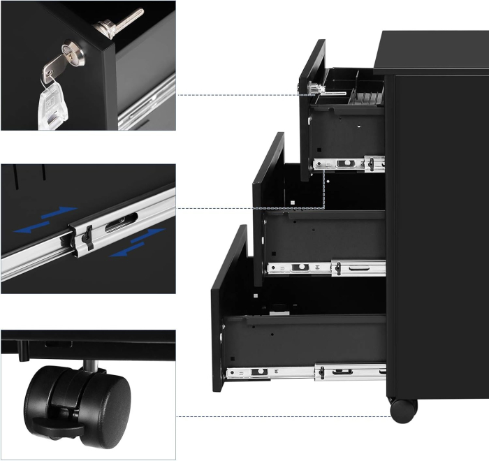 Dulap mobil rollbox pentru birouri, 3 sertare pentru documente, corp pre-asamblat, 45x39x54 cm, negru [6]