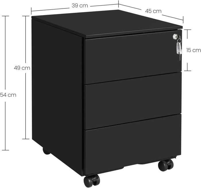 Dulap mobil rollbox pentru birouri, 3 sertare pentru documente, corp pre-asamblat, 45x39x54 cm, negru [2]
