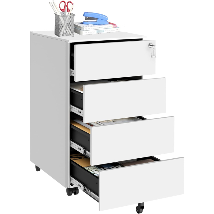 Dulap mobil rollbox pentru dosare, din otel, 4 sertare, incuietoare, roti blocabile, 39x45x69 cm, alb [6]