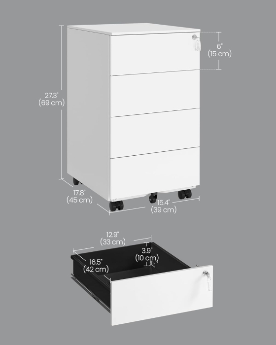Dulap mobil rollbox pentru dosare, din otel, 4 sertare, incuietoare, roti blocabile, 39x45x69 cm, alb [2]