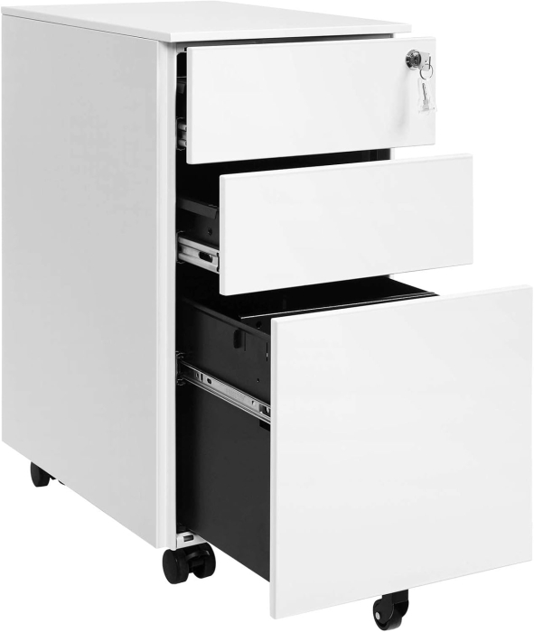 SONGMICS Dulap mobil tip rollbox pentru birouri, 3 sertare pentru documente A4, otel, 30x45x60 cm, alb [4]