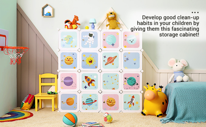 Dulap modular depozitare jucarii 16 cuburi cu usi motive stelare, PP si cadru metalic, anti-rasturnare, 123x31x123 cm, alb [2]