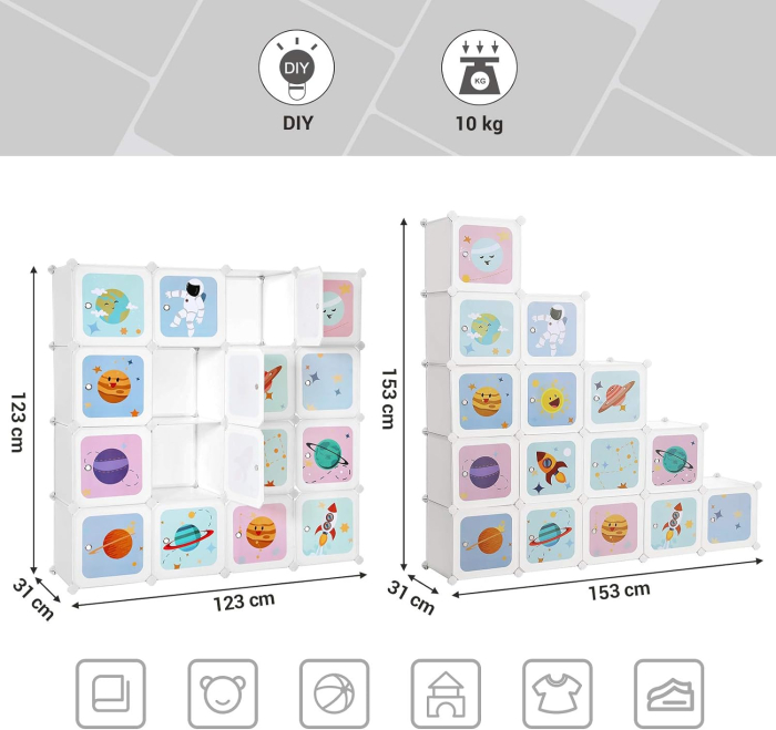 Dulap modular depozitare jucarii 16 cuburi cu usi motive stelare, PP si cadru metalic, anti-rasturnare, 123x31x123 cm, alb [6]