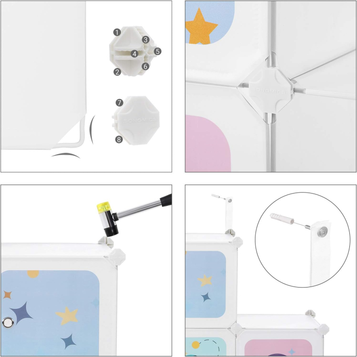 Dulap modular depozitare jucarii 16 cuburi cu usi motive stelare, PP si cadru metalic, anti-rasturnare, 123x31x123 cm, alb [7]