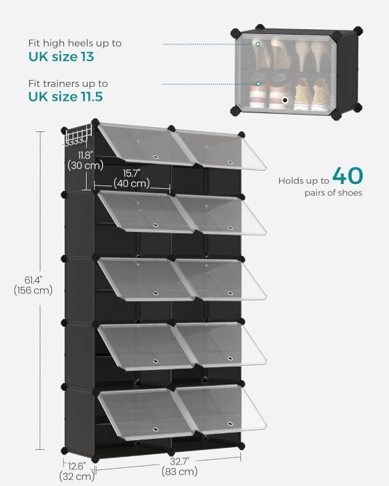 Dulap modular pantofi cu 10 compartimente, cu usi transparente, 83x32x156 cm, negru [3]