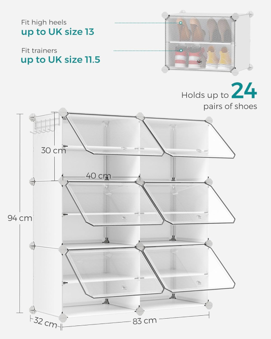 Dulap pantofi modular 6 compartimente, cu usi si cadru metalic, organizator incaltaminte, 32x124x94 cm, alb [3]