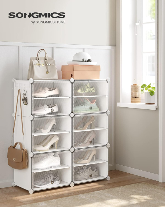 Dulap pantofi modular 6 compartimente, cu usi si cadru metalic, organizator incaltaminte, 32x124x94 cm, alb [8]