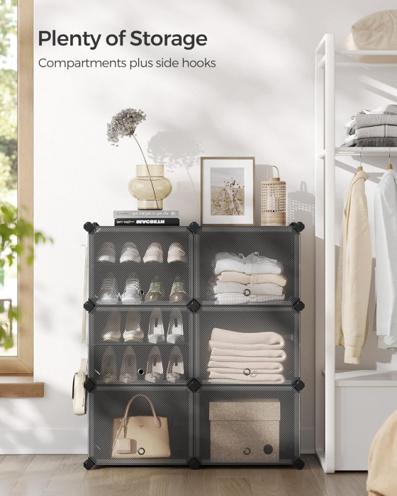 Dulap pantofi modular cu 6 compartimente, panouri plastic si cadru metalic, 83x32x94 cm, pana la 24 perechi, negru [5]