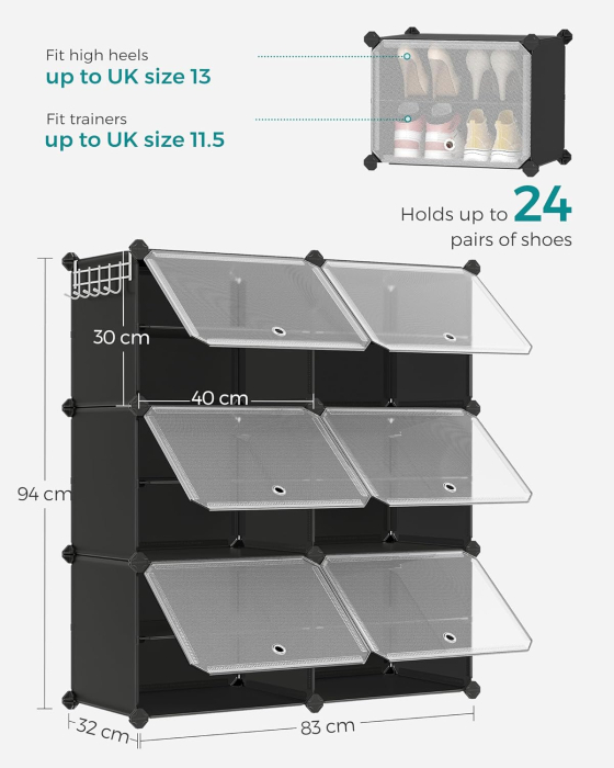 Dulap pantofi modular cu 6 compartimente, panouri plastic si cadru metalic, 83x32x94 cm, pana la 24 perechi, negru [6]
