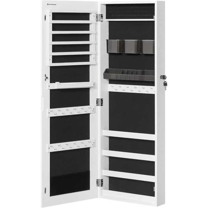 Dulap pentru bijuterii, cu oglinda design fara rama, MDF, montare pe perete sau usa, 37x10x108 cm, alb [10]