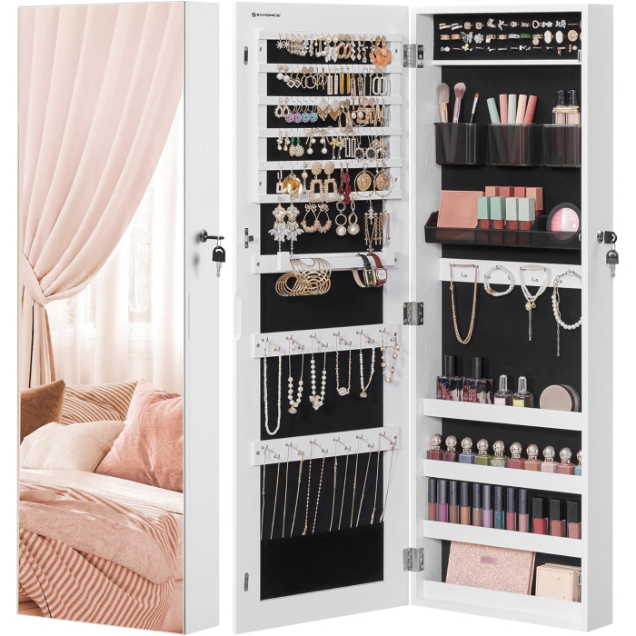 Dulap pentru bijuterii, cu oglinda design fara rama, MDF, montare pe perete sau usa, 37x10x108 cm, alb [2]