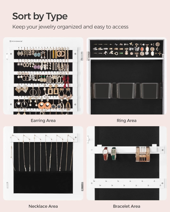 Dulap pentru bijuterii, cu oglinda design fara rama, MDF, montare pe perete sau usa, 37x10x108 cm, alb [6]