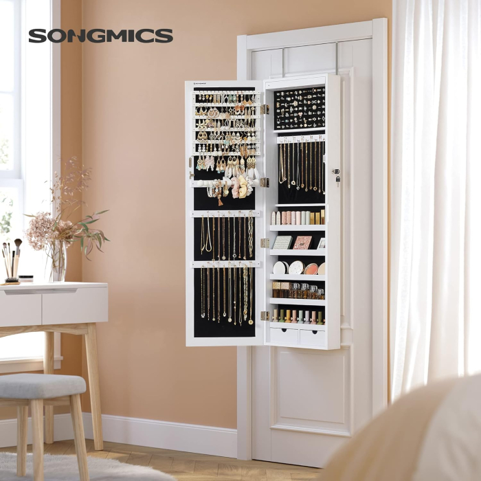Dulap pentru bijuterii cu oglinda, MDF, iluminare LED, montare pe perete sau usa, 37x10x120 cm, alb [4]