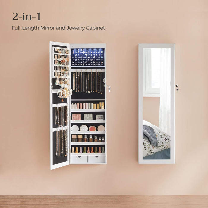 Dulap pentru bijuterii cu oglinda, MDF, iluminare LED, montare pe perete sau usa, 37x10x120 cm, alb [2]