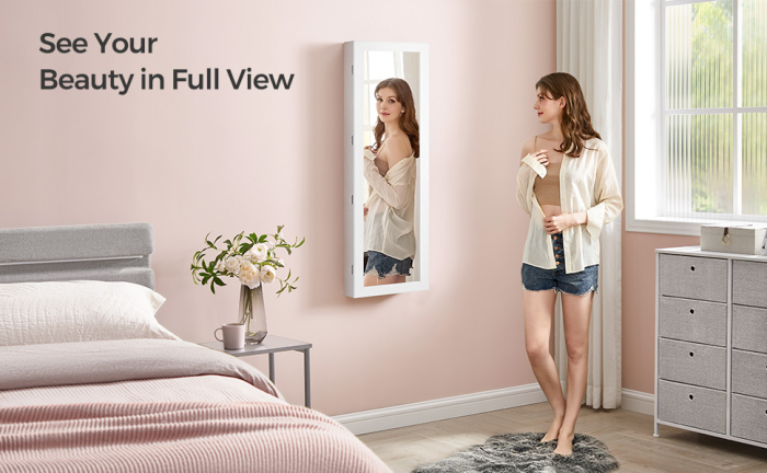 Dulap pentru bijuterii cu oglinda, montare pe perete sau usa, material MDF, inchidere cu cheie, 120x37x10 cm, alb [10]