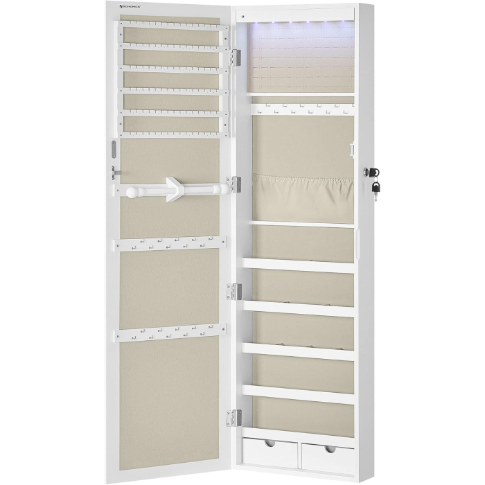 Dulap pentru bijuterii cu oglinda, montare pe perete sau usa, material MDF, inchidere cu cheie, 120x37x10 cm, alb [11]