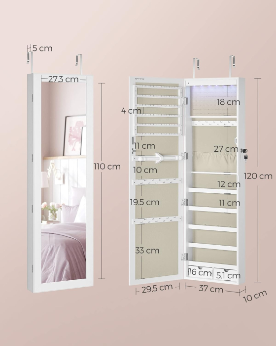 Dulap pentru bijuterii cu oglinda, montare pe perete sau usa, material MDF, inchidere cu cheie, 120x37x10 cm, alb [7]