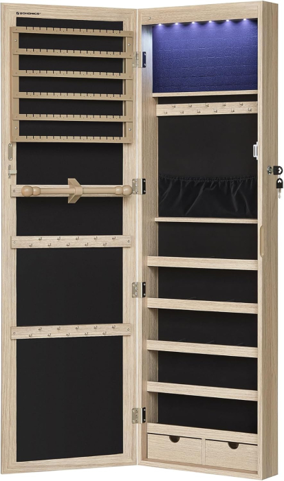Dulap pentru bijuterii cu oglinda, montare pe perete sau usa, material MDF, inchidere cu cheie, 120x37x10 cm, stejar [3]