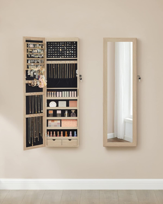 Dulap pentru bijuterii cu oglinda, montare pe perete sau usa, material MDF, inchidere cu cheie, 120x37x10 cm, stejar [2]