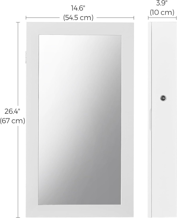 Dulap pentru bijuterii cu oglinda si incuietoare, montare pe perete, MDF si sticla, 55x10x67 cm, alb [3]