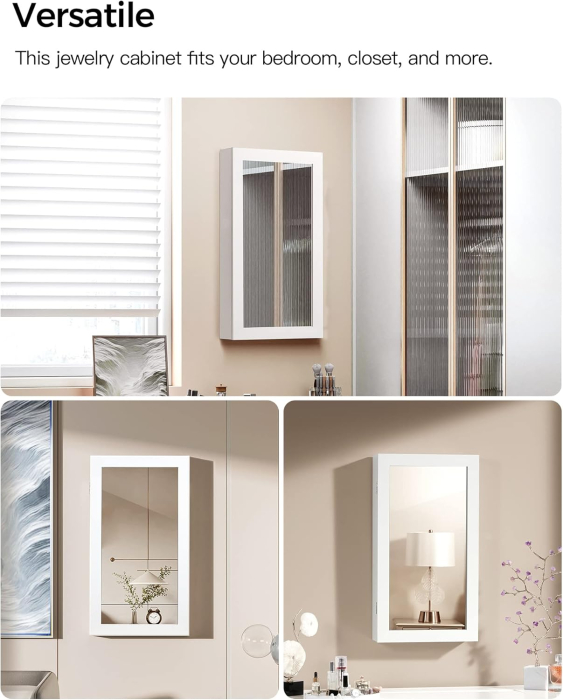 Dulap pentru bijuterii cu oglinda si incuietoare, montare pe perete, MDF si sticla, 55x10x67 cm, alb [5]
