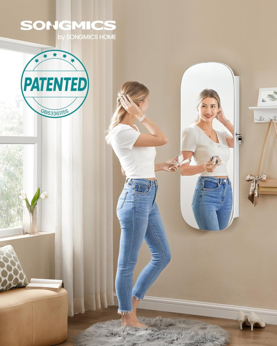 Dulap pentru bijuterii cu oglinda si LED, montare pe perete sau usa, inchidere cu cheie, 42x10x108 cm, alb [7]