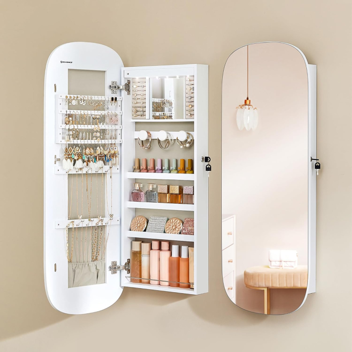 Dulap pentru bijuterii cu oglinda si LED, montare pe perete sau usa, inchidere cu cheie, 42x10x108 cm, alb [5]