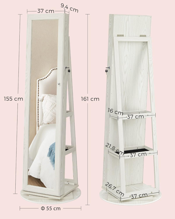 Dulap pentru bijuterii rotativ 360° cu oglinda, rafturi spate si incuietoare, MDF si sticla, 55x55x161 cm, gri stejar deschis [4]