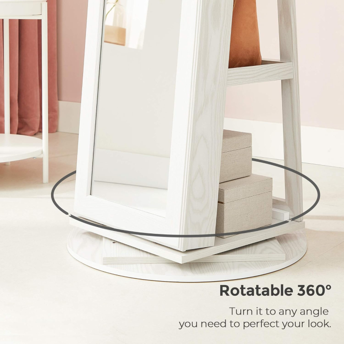 Dulap pentru bijuterii rotativ 360° cu oglinda, rafturi spate si incuietoare, MDF si sticla, 55x55x161 cm, gri stejar deschis [7]