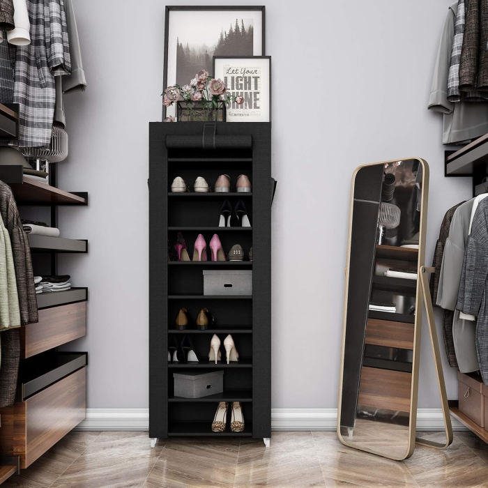 Dulap pentru pantofi din material textil, structura metalica, 10 niveluri, capacitate 27-35 perechi, 58x28x160 cm, negru [6]