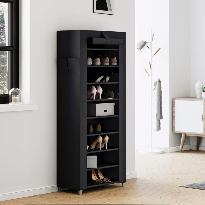 Dulap pentru pantofi din material textil, structura metalica, 10 niveluri, capacitate 27-35 perechi, 58x28x160 cm, negru [3]