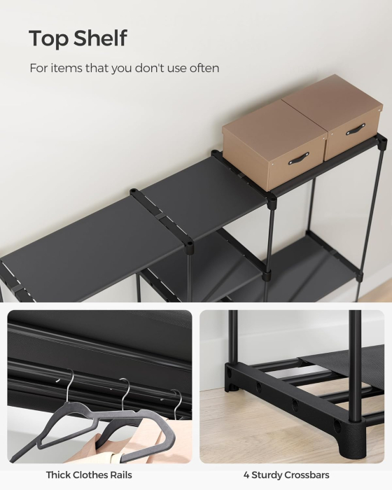 Dulap portabil pentru haine cu 3 bare de suspendare si rafturi, structura metalica, 43x182x182 cm, negru [9]