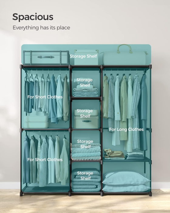 Dulap portabil pentru haine cu 3 bare de suspendare si rafturi, structura metalica, 43x182x182 cm, negru [5]