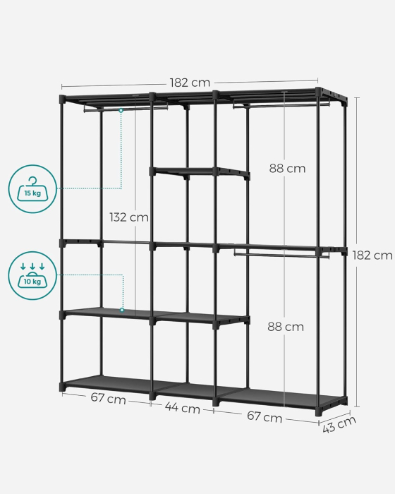 Dulap portabil pentru haine cu 3 bare de suspendare si rafturi, structura metalica, 43x182x182 cm, negru [8]