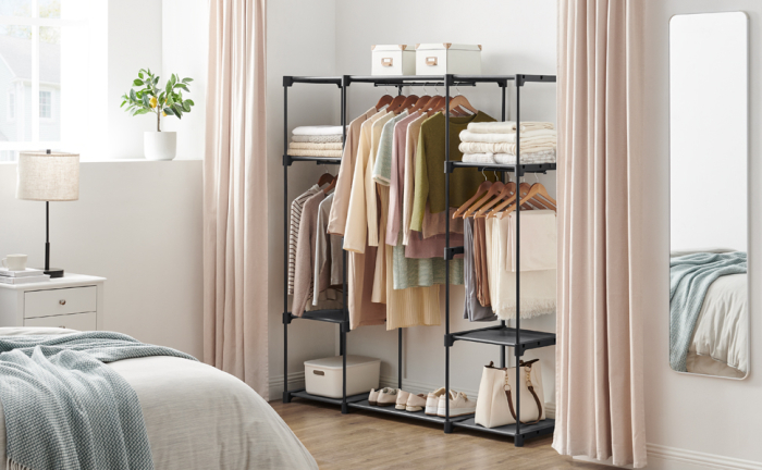 Dulap portabil pentru haine cu 4 bare de suspendare si rafturi, structura metalica, 151x43x166 cm, negru [6]